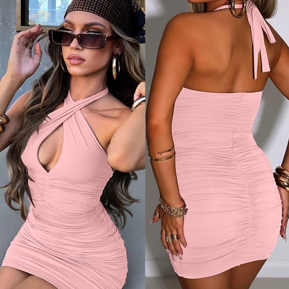 💕 PINK Y2K Women's Criss Cross Bodycon Ruched Halter Mini Party Club Dress *NEW
